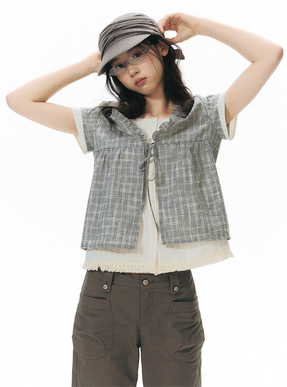 Plaid Ribbon Tie Blouse Top