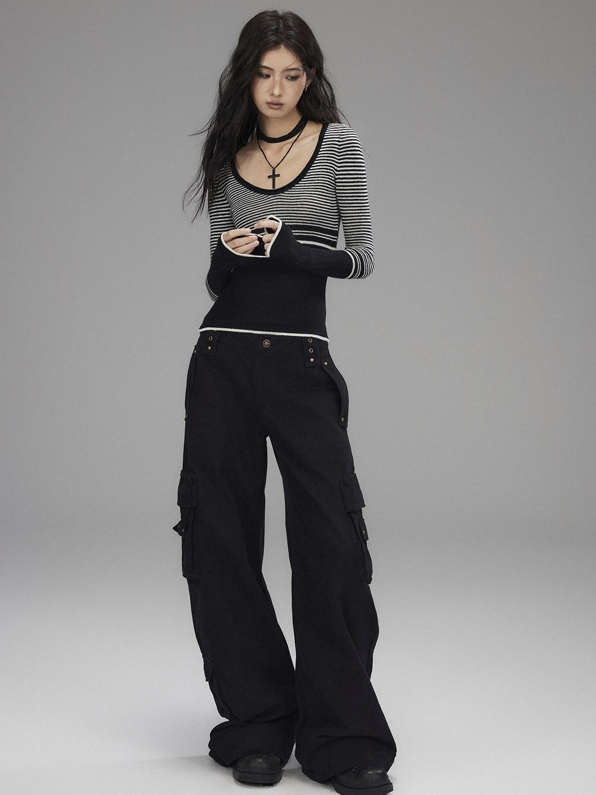 Washed Low Rise Wide Leg Utility Loose Fit Womens Black Cargo Pants