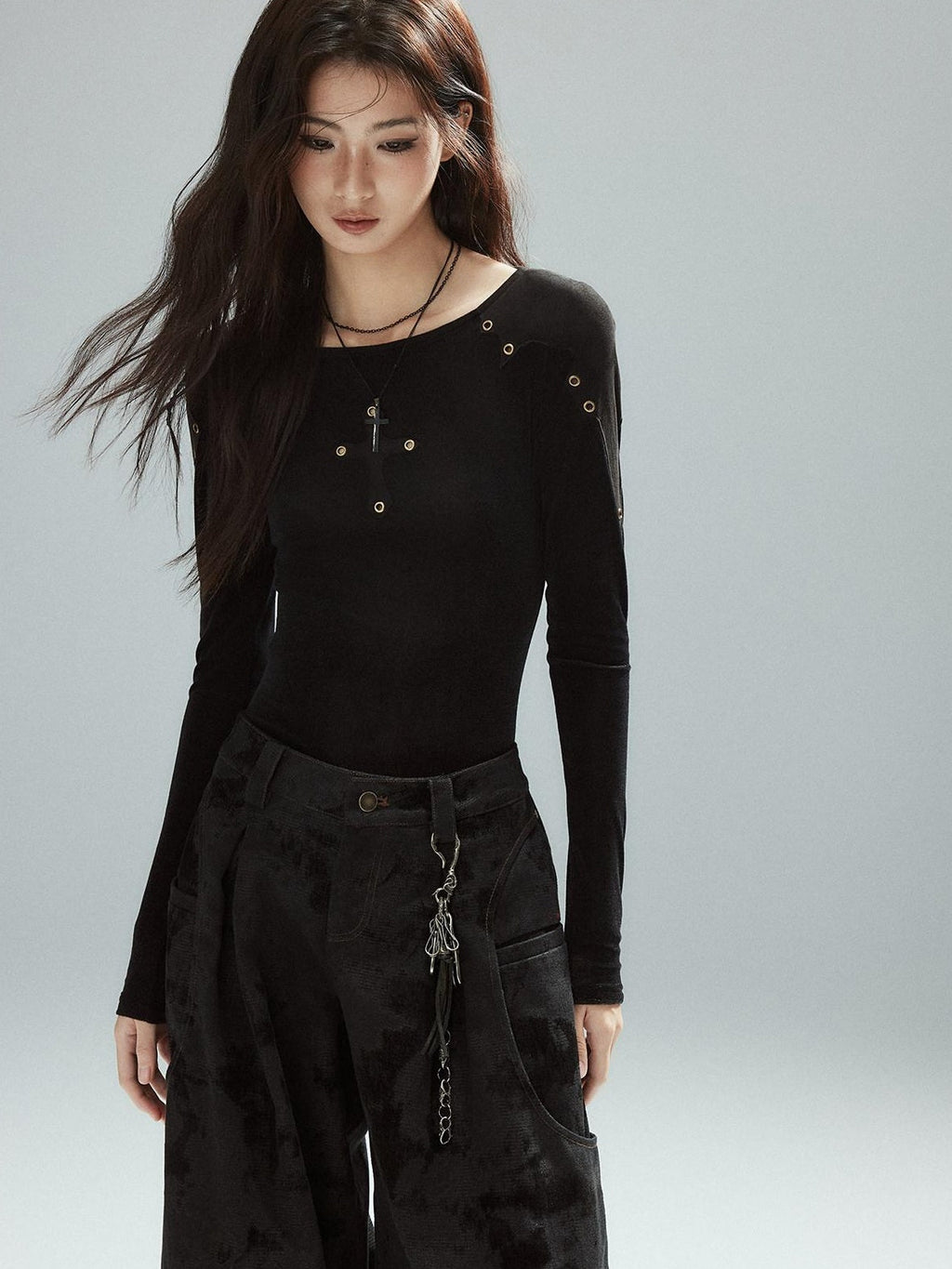 Black Cotton Flocked Low Rise Loose Street Women Zip Fly Wide Leg Jeans