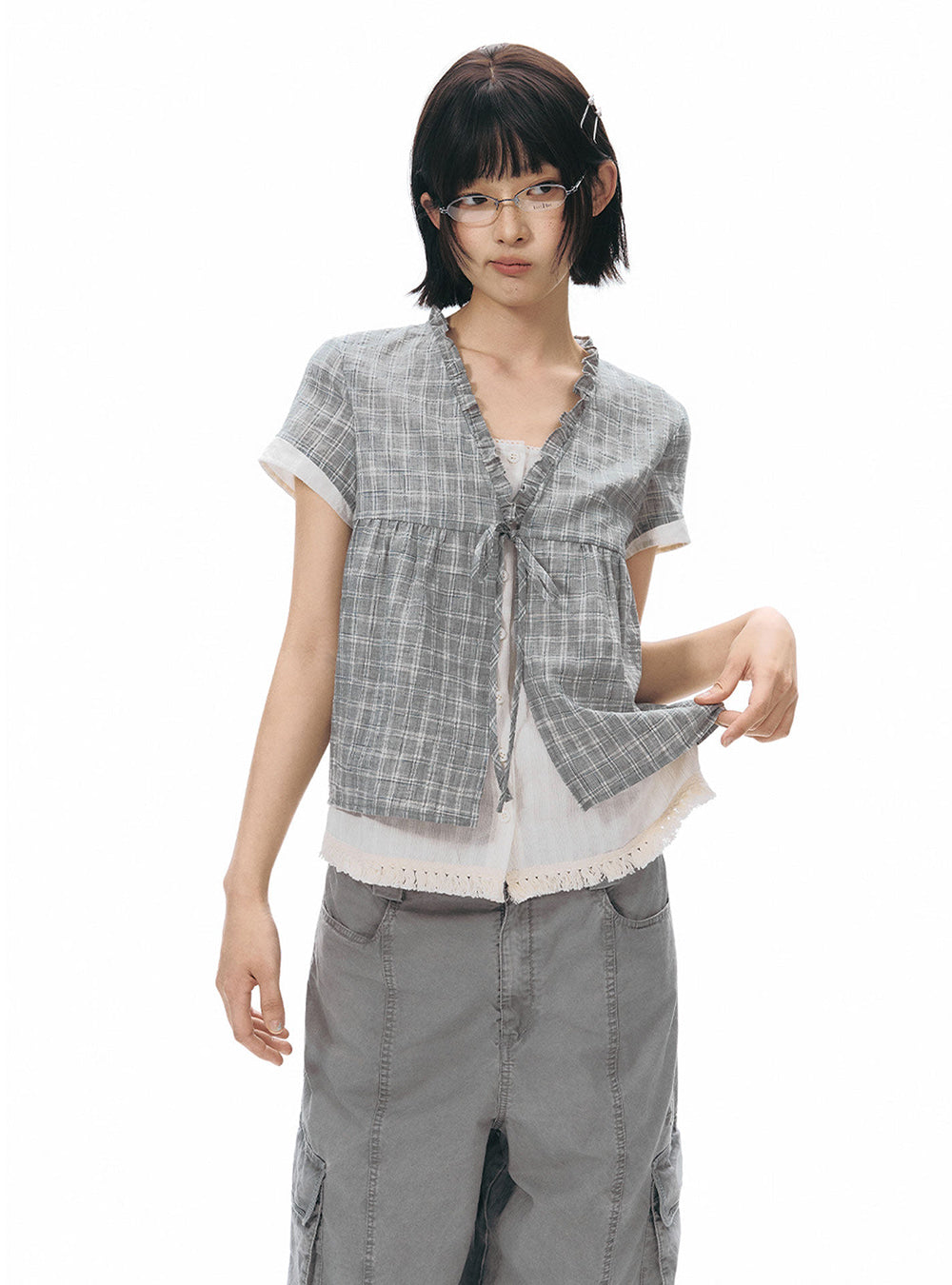 Plaid Ribbon Tie Blouse Top