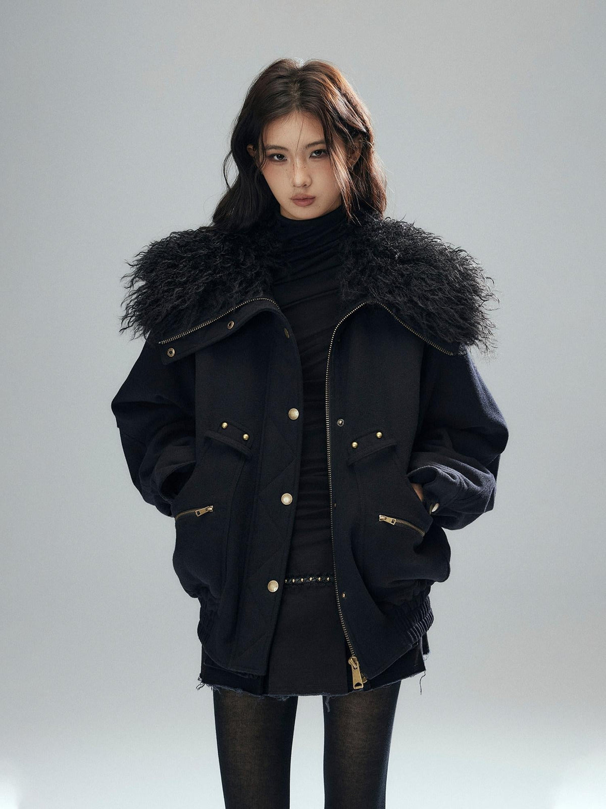 Thick Wool Blend Multi Pocket Loose Fit Sexy Girl Black Zipper Cropped Jackets