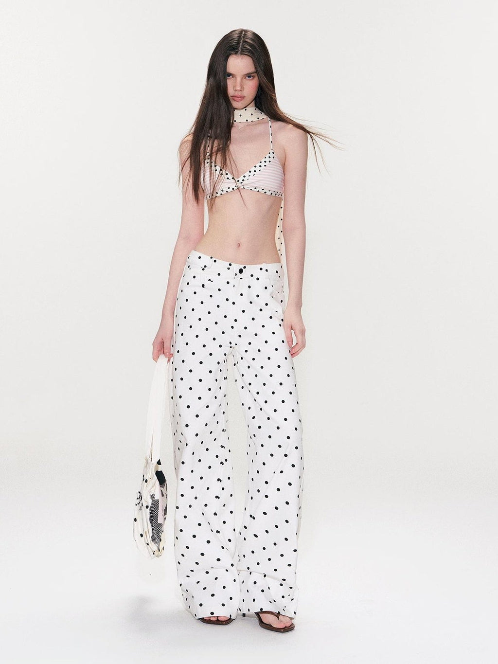 White Polka Dot V Waist Loose Fit Button Fly Women Denim Straight Leg Jeans