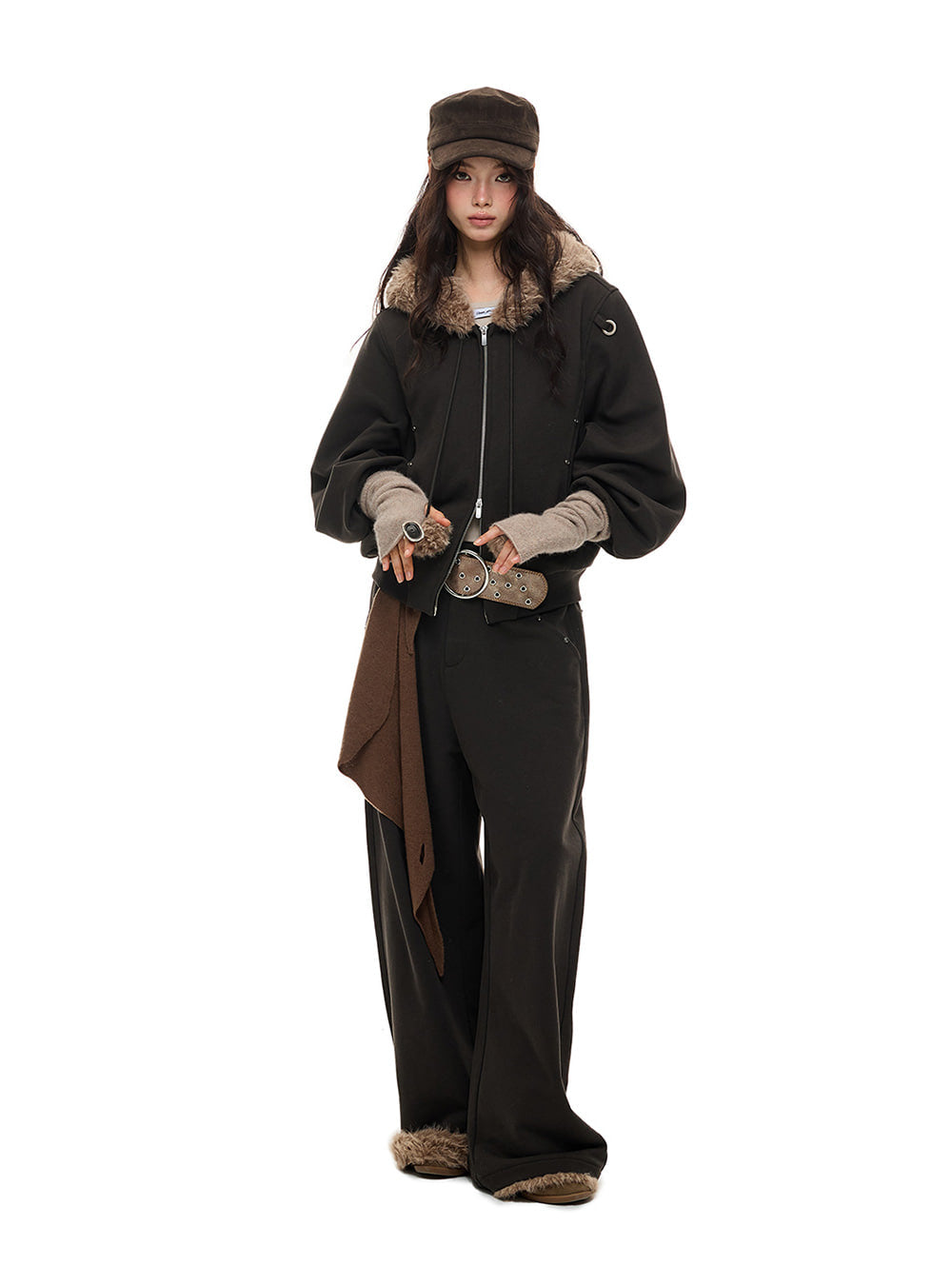Trim Faux Fur Hoodie & Wide Pants