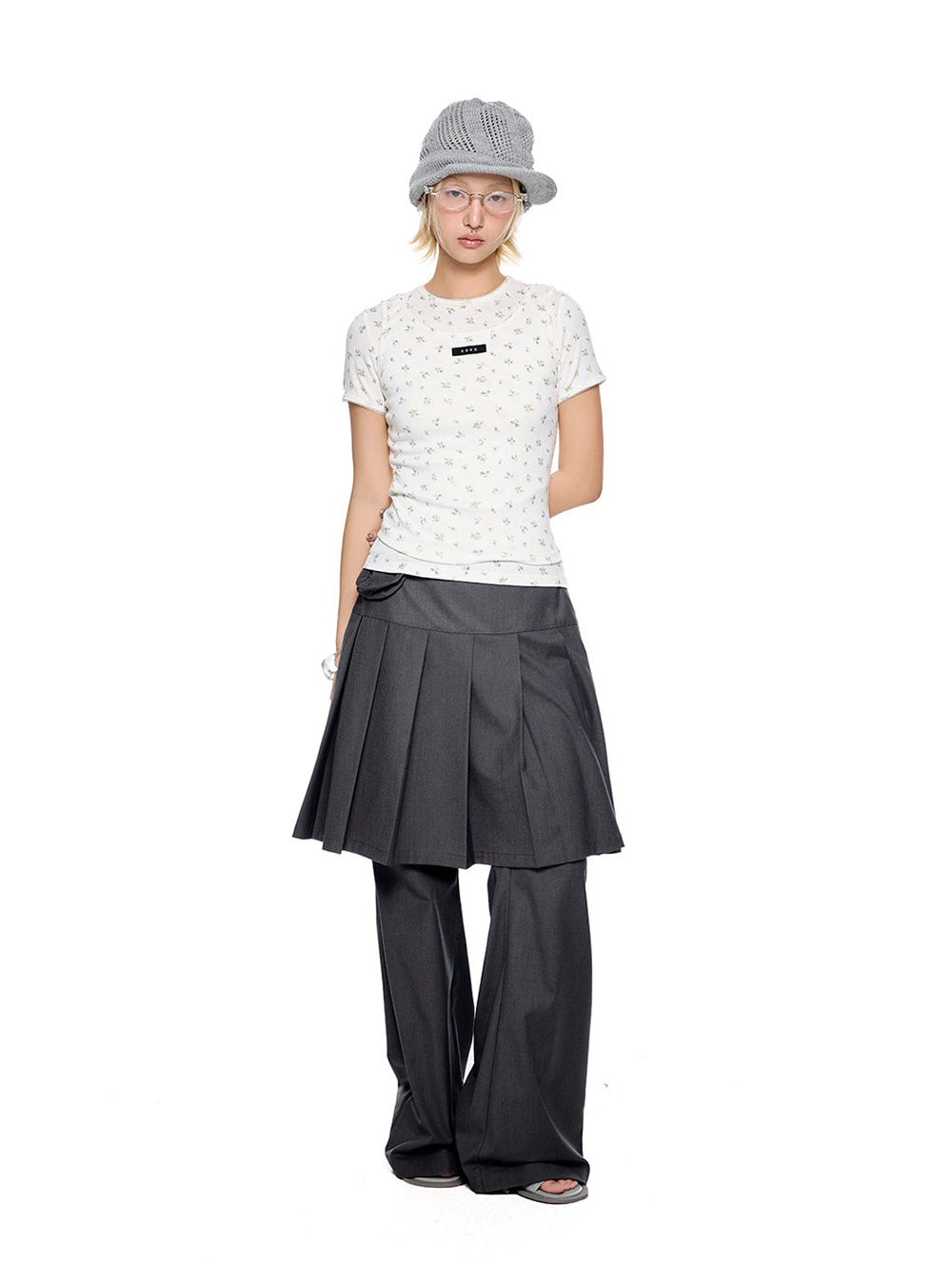 Layer Trick Pleats Skirt Flare Pants