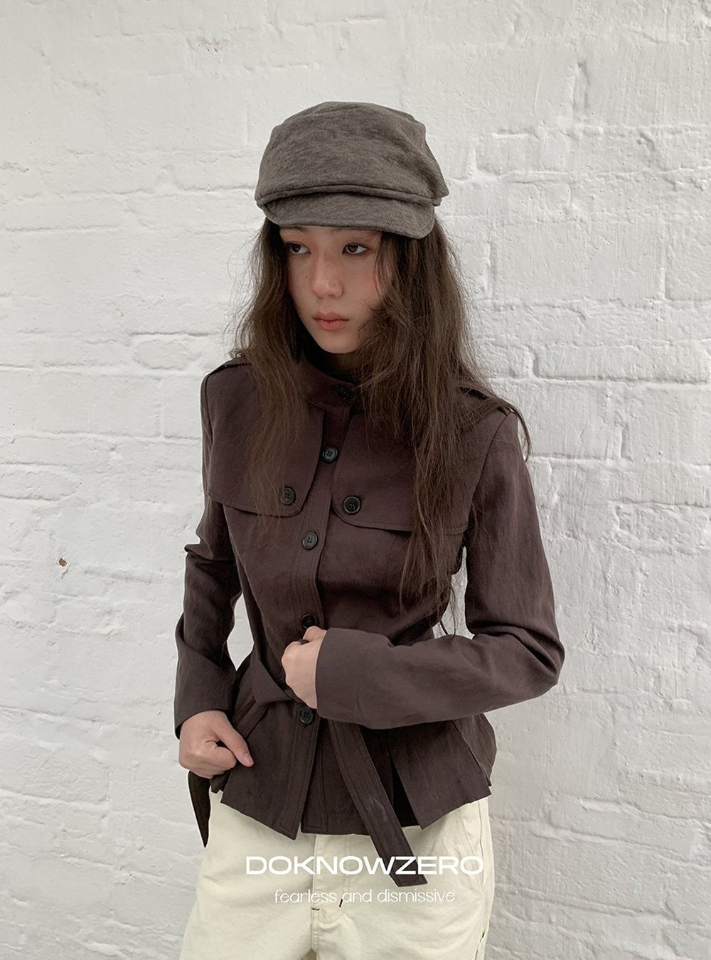 Chestnut Belted Stand Collar Jacket