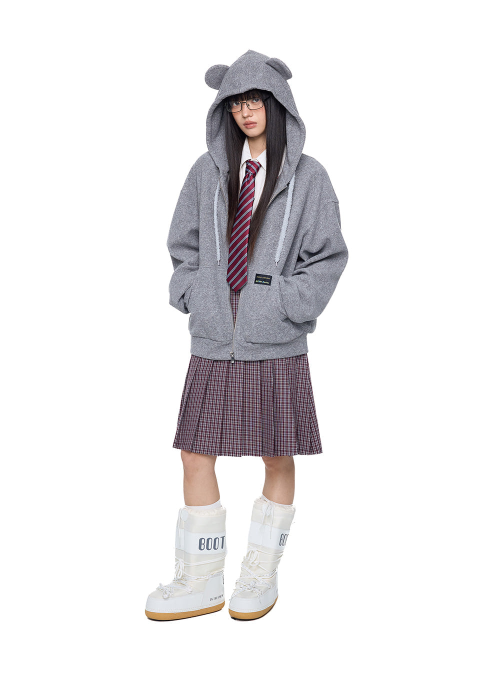 Cute Bear Ear Drawstring Hooded Zip-Up (2color)