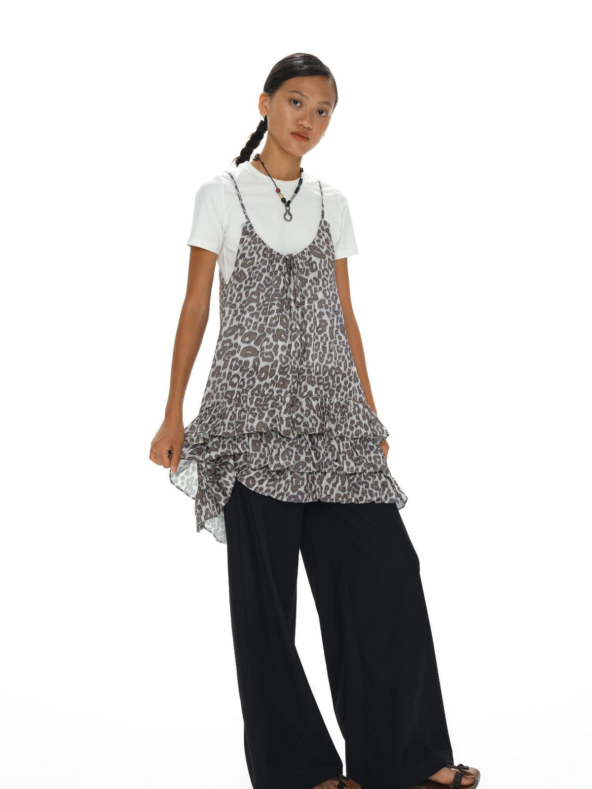 Leopard Print Ruffle Hem Adjustable Straps Women'S Polyester Slip Midi Dresses