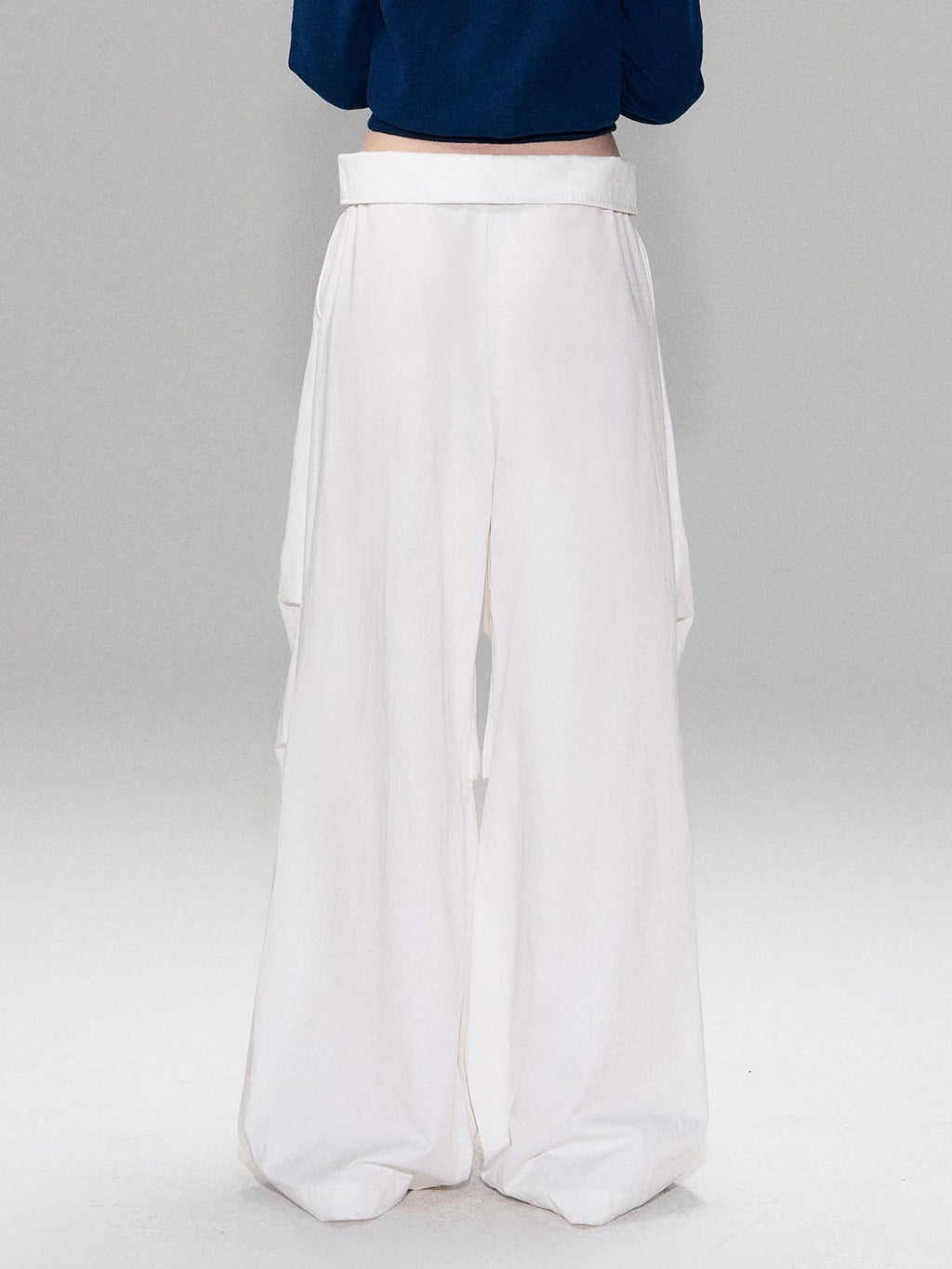 Cotton Blend Vintage Curved Cut Natural Waist Women White Wide Leg Pants