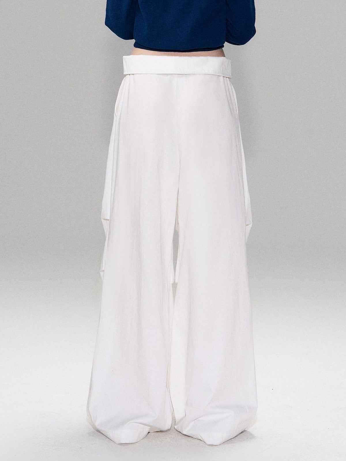 Cotton Blend Vintage Curved Cut Natural Waist Women White Wide Leg Pants