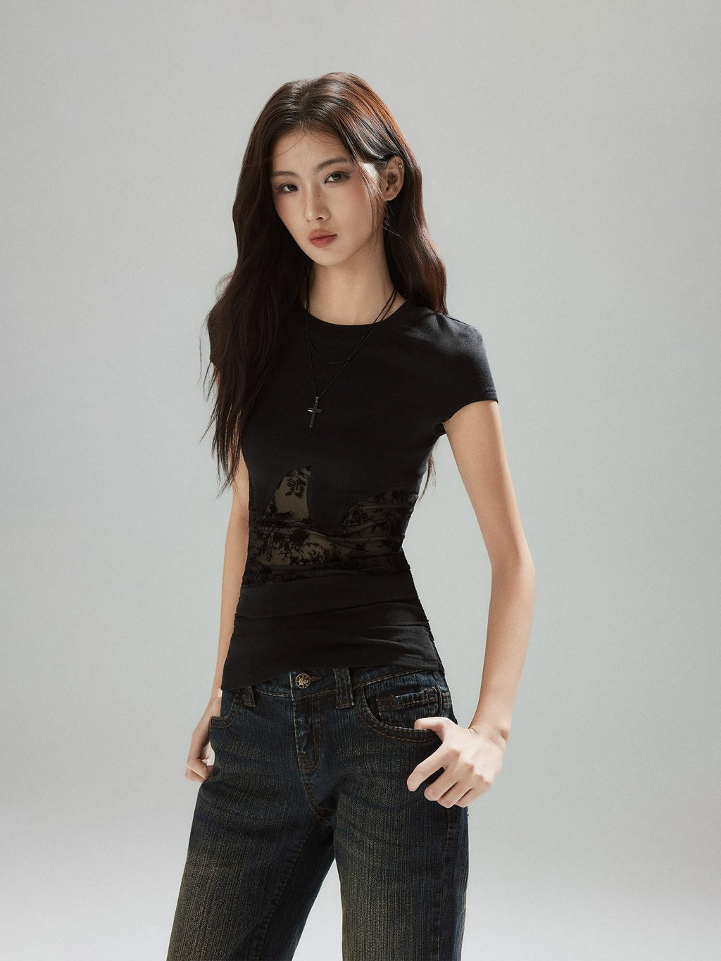 Lyocell Slim Street Patchwork For Women Round Neck Short Sleeve T-Shirts