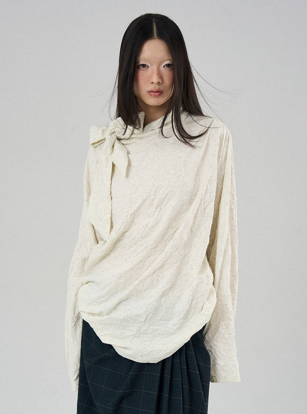Tie-Neck Textured Loose Knit Top (3color)
