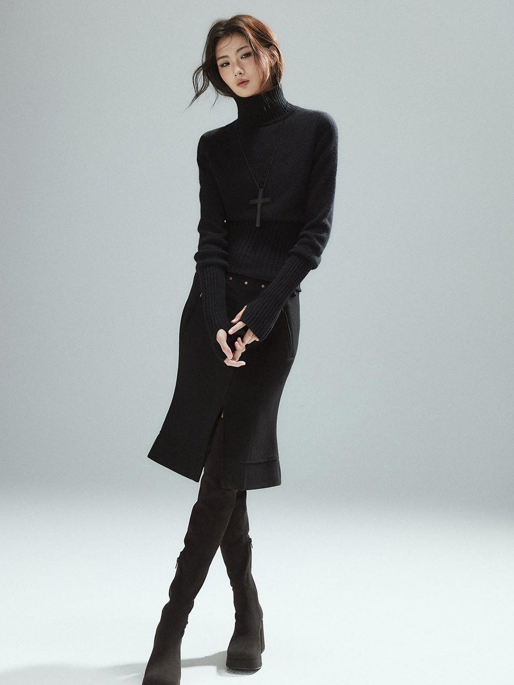 Wool Blend Lined Patchwork Hline Slim Low Waist Black Side Zip Midi Skirts