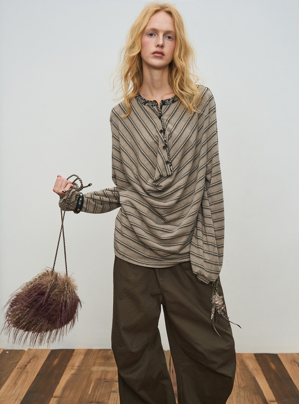 Brown Stripe Loose-Fit Stand Collar Top