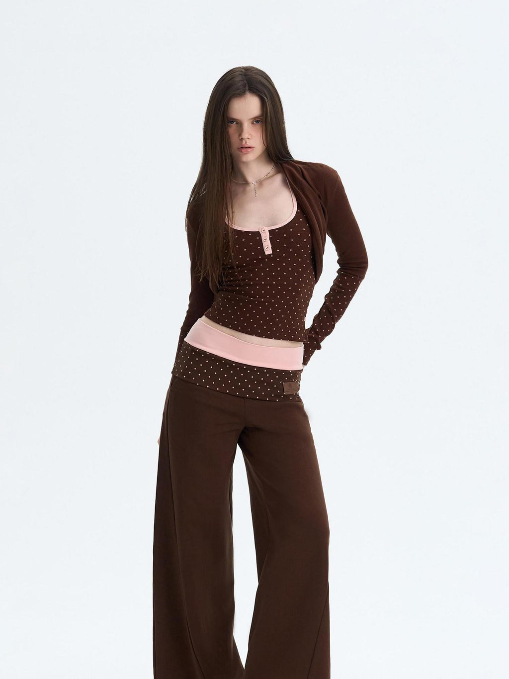 Polka Dot Patchwork Three Piece Long Sleeve Women Long Pants Top & Pants Sets