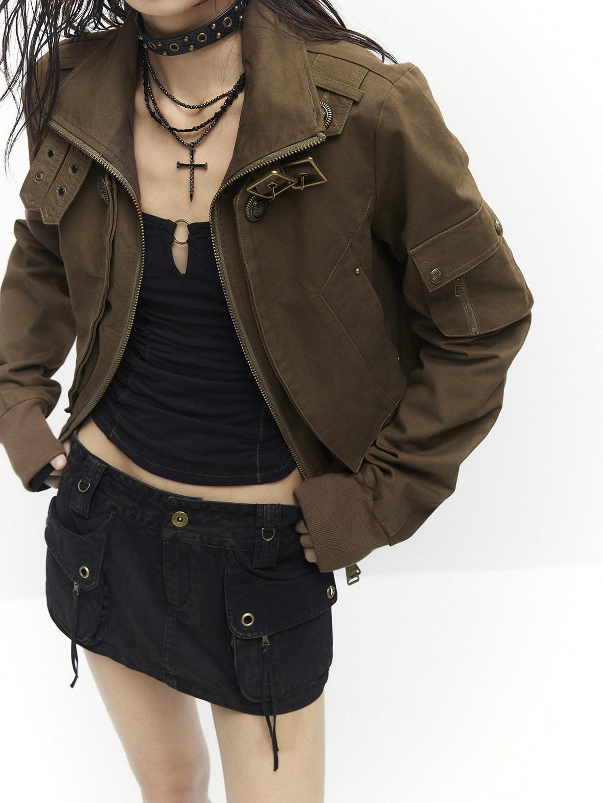 Plush Lined Waist Cinch Dark Goth Slim Fit Women Zip High Collar Cropped Jackets