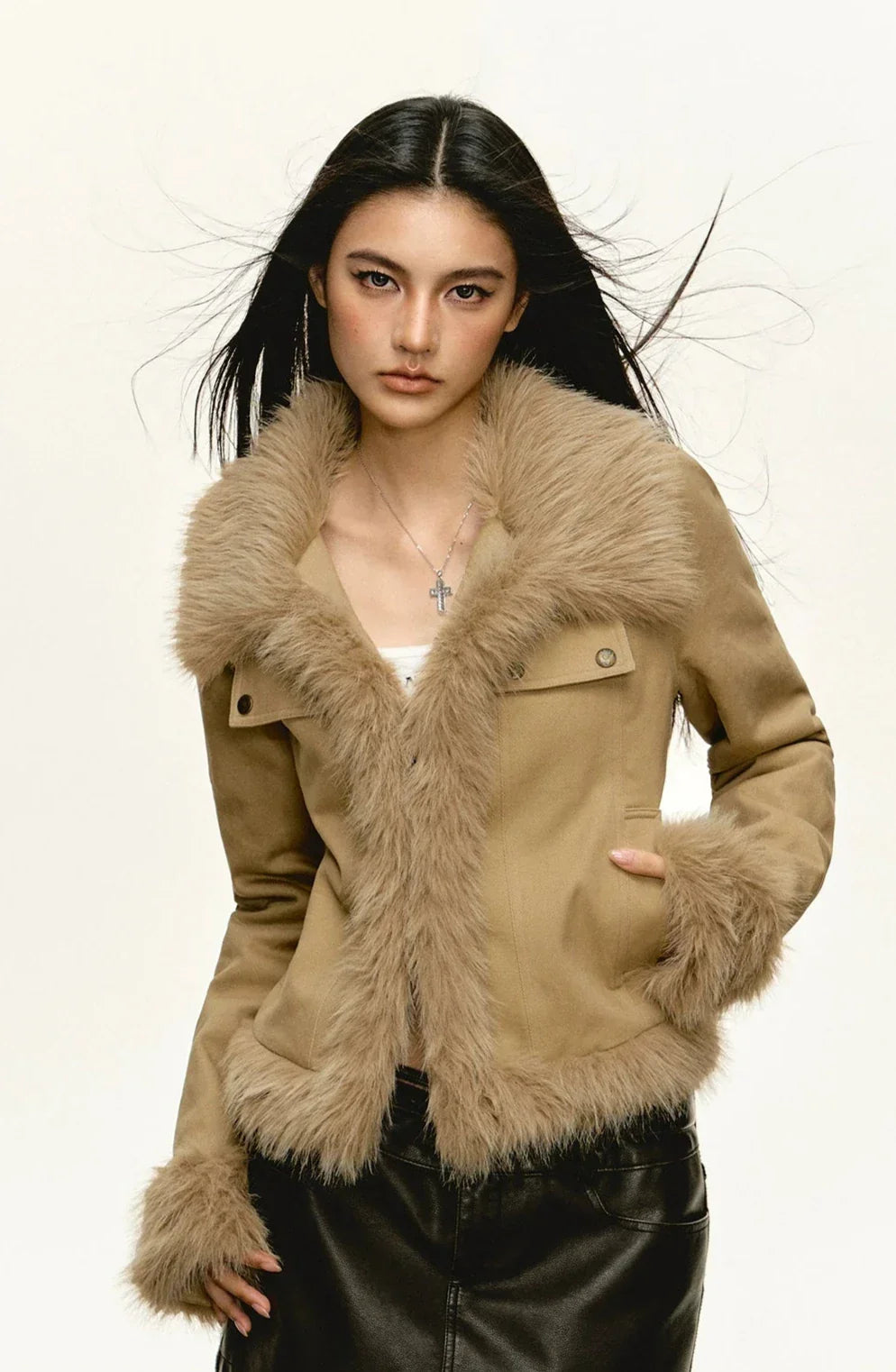 Khaki Faux-Fur Trim Cropped Jacket