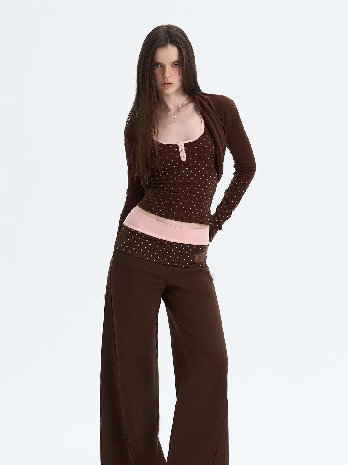 Polka Dot Patchwork Three Piece Long Sleeve Women Long Pants Top & Pants Sets