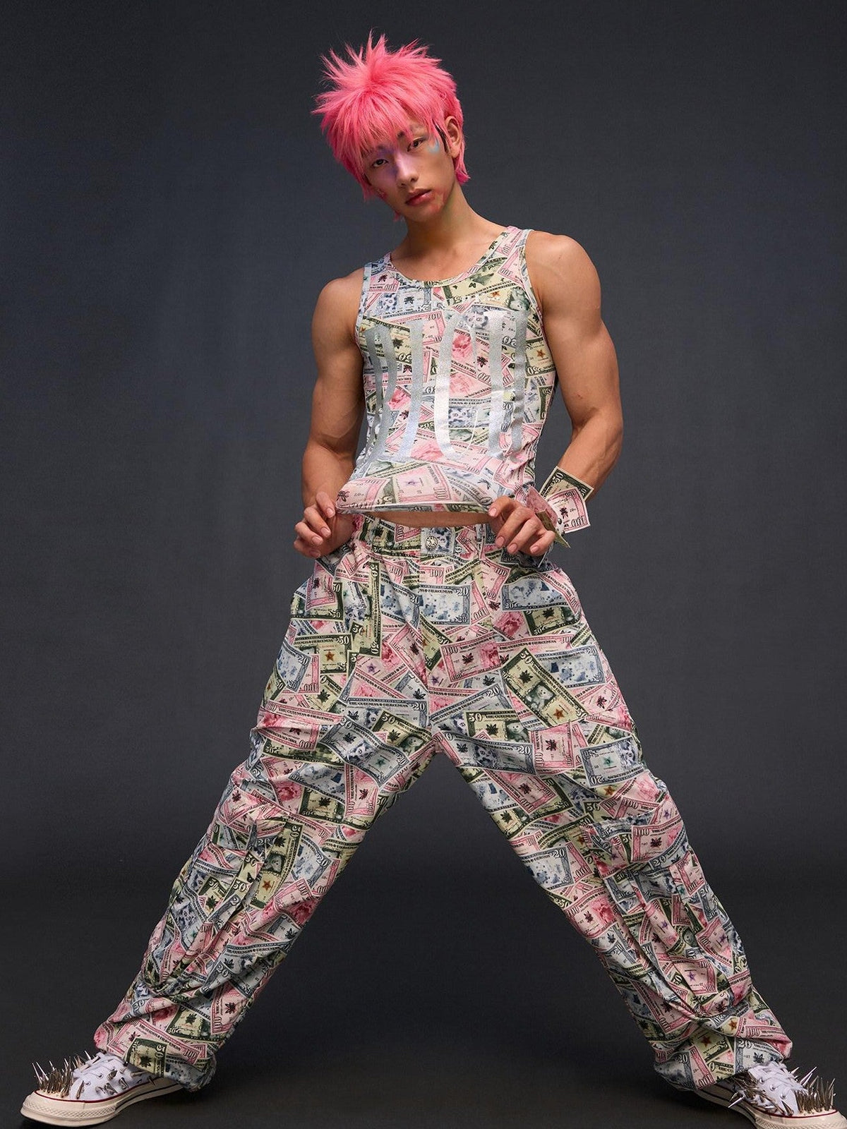 Money Print Cargo Multi Pocket Women'S Cotton Wide-Leg Pants