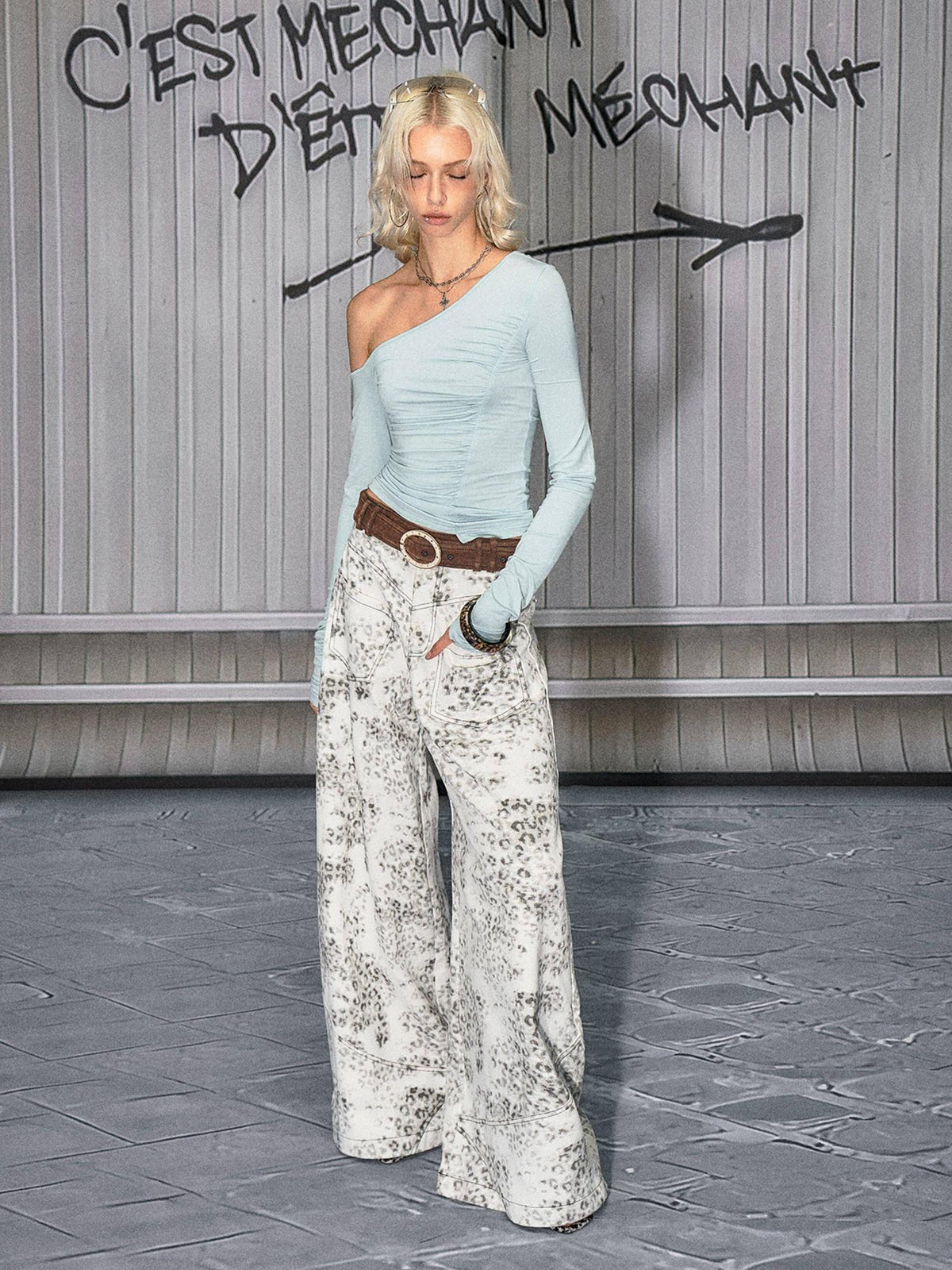 Leopard Cotton Zipper Natural Waist Loose Fit Sexy Women Wide Leg Jeans