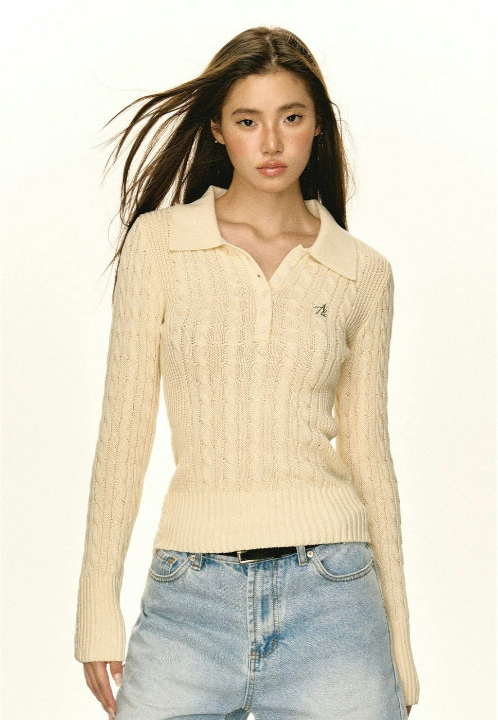 Half-Button Cable Knit Polo Sweater