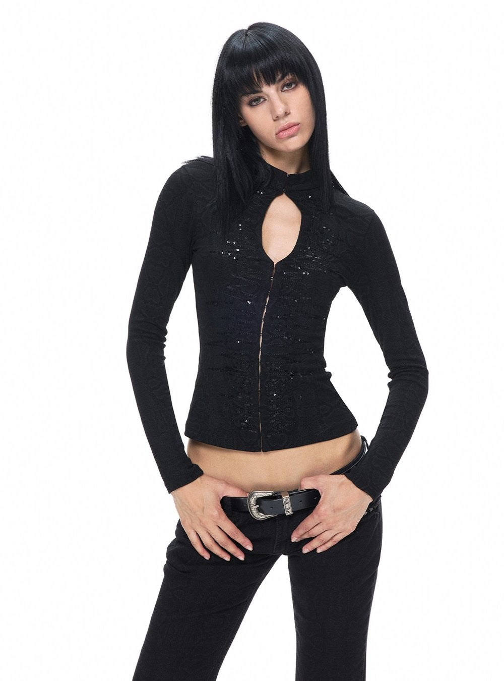 Lace Cutout Sequin Top