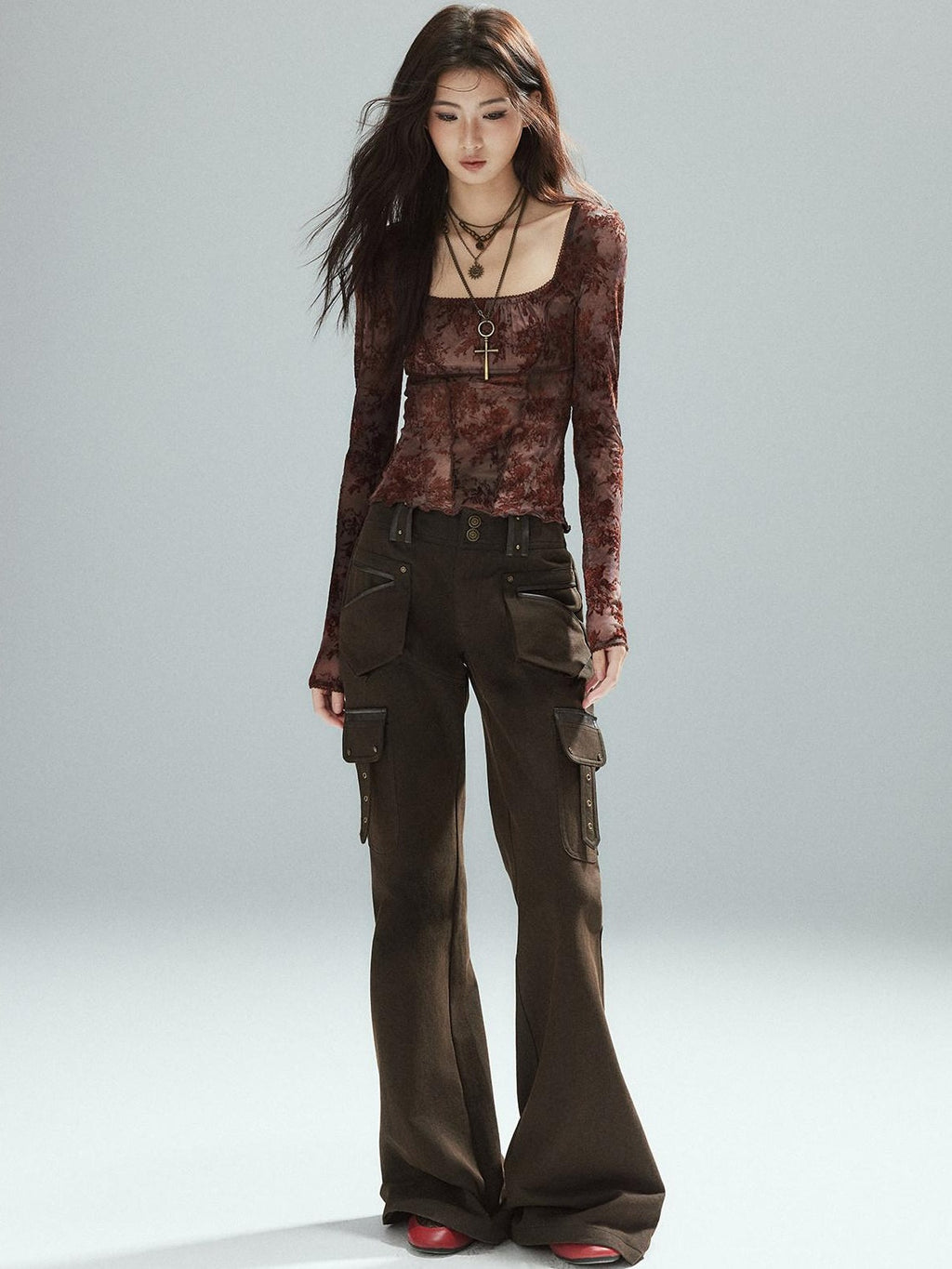 Slim Low Rise Cotton Flare Street Style Zipper Brown Women Cargo Pants