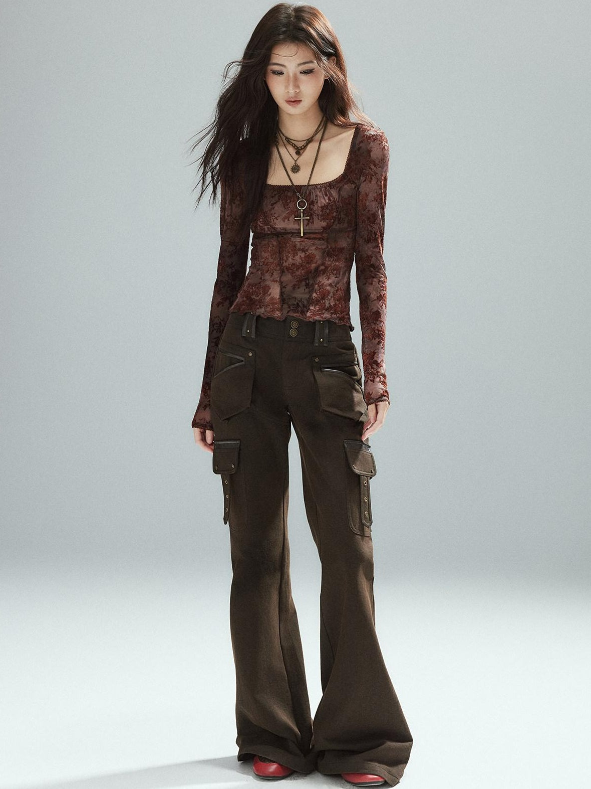Slim Low Rise Cotton Flare Street Style Zipper Brown Women Cargo Pants
