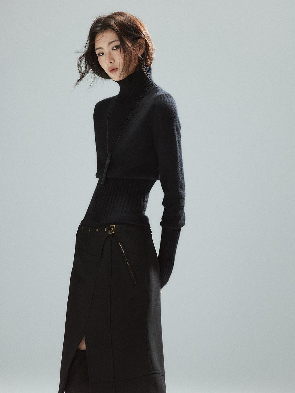 Wool Blend Lined Patchwork Hline Slim Low Waist Black Side Zip Midi Skirts