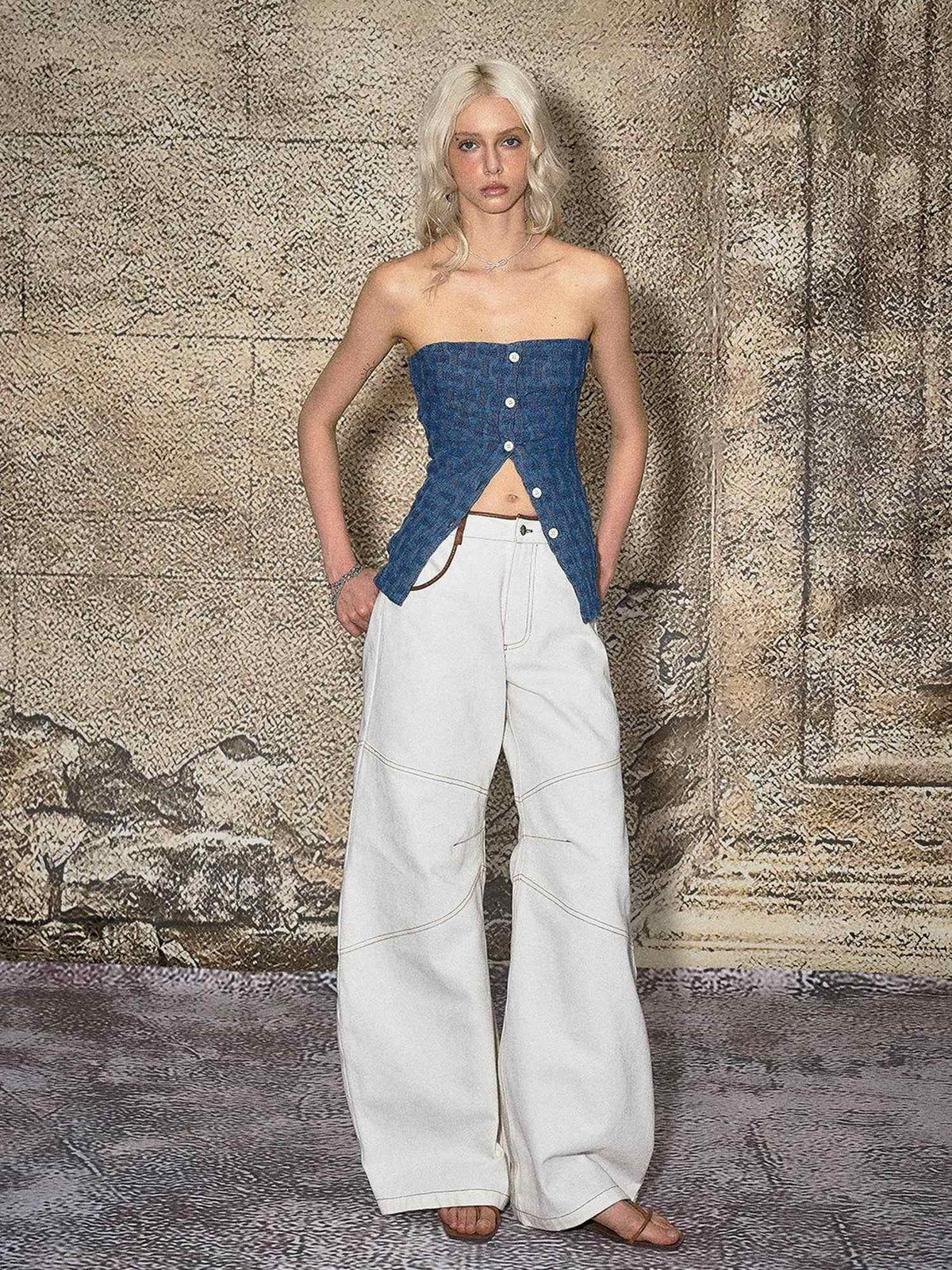 High Cotton Relaxed Distressed Low Rise White Denim Women Wide Leg Jeans