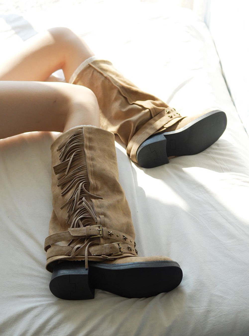 Shadow Fringe Stud Long Cowhide Boots