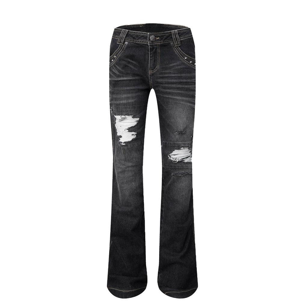 Dark Wash Whisker Distressed Ripped Low Rise Women'S Cotton Straight-Leg Jeans