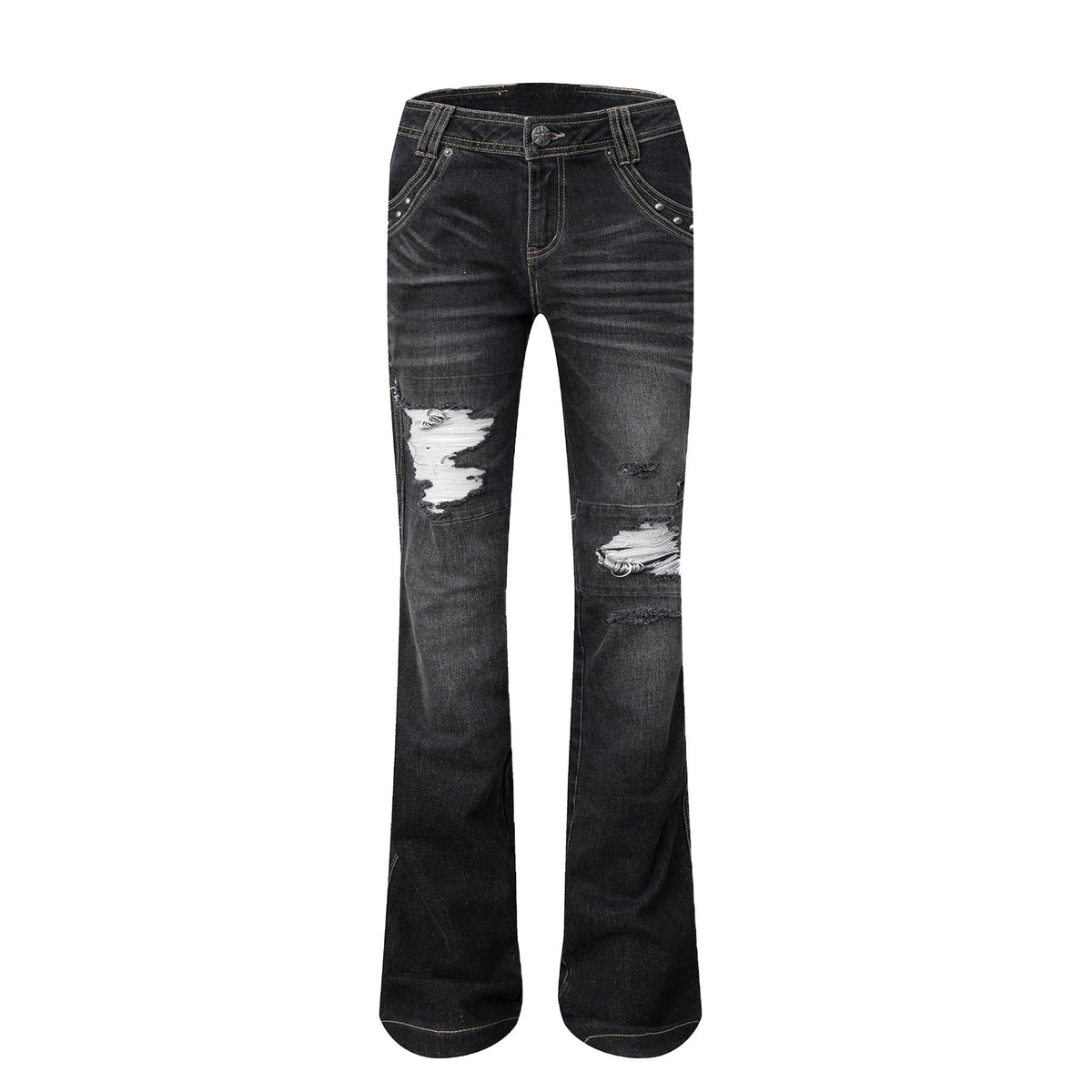 Dark Wash Whisker Distressed Ripped Low Rise Women'S Cotton Straight-Leg Jeans