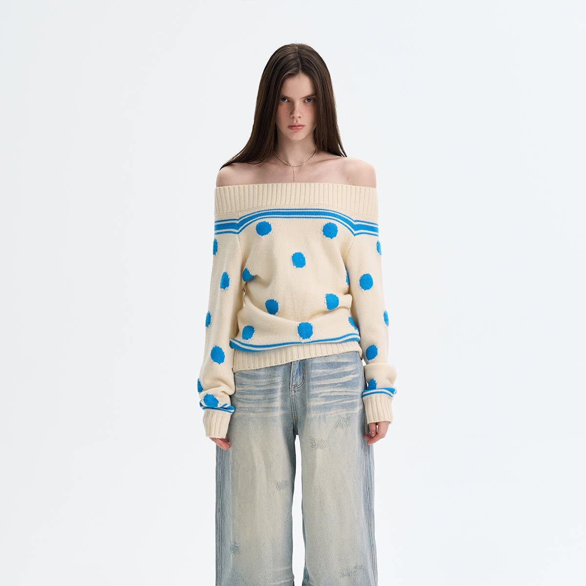 Cozy Thermal Acrylic Wool Polka Dot Boat Neck Relaxed Women Knit Sweaters