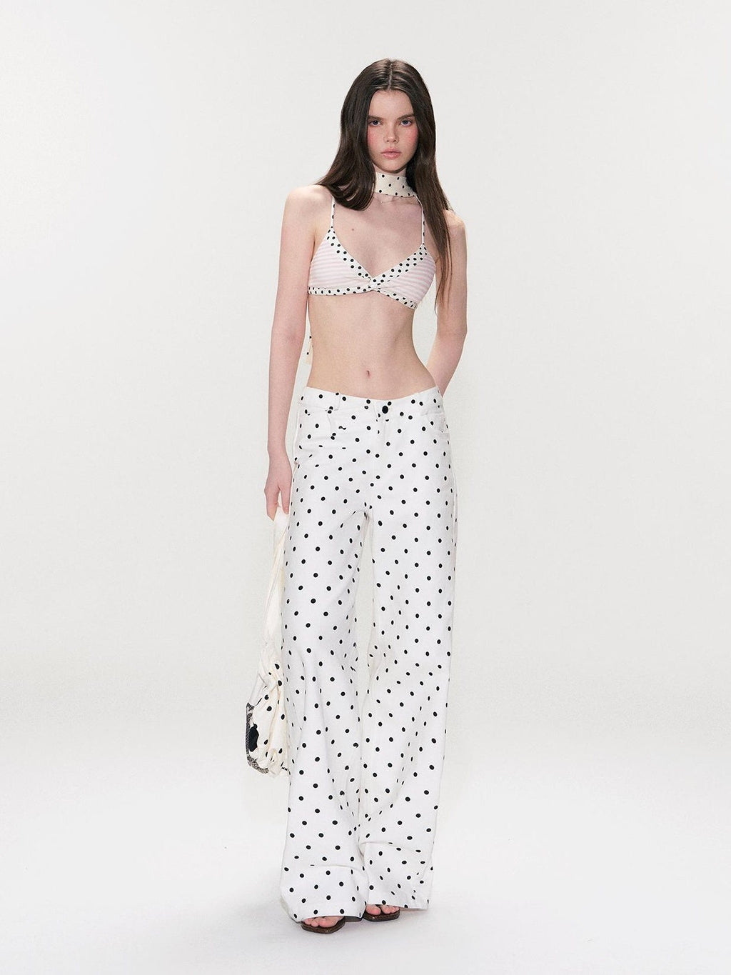 White Polka Dot V Waist Loose Fit Button Fly Women Denim Straight Leg Jeans