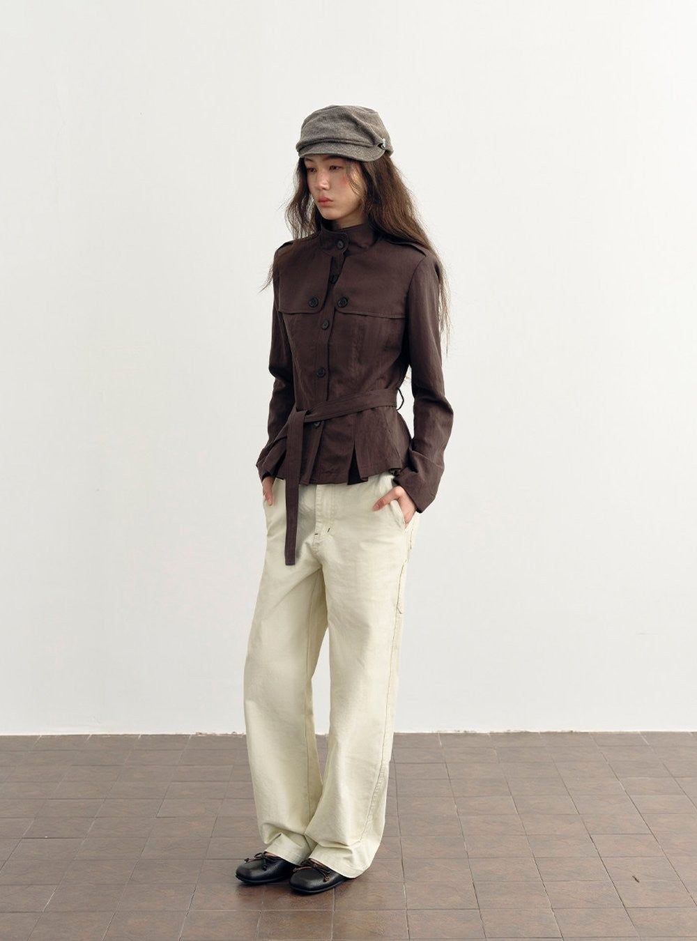 Chestnut Belted Stand Collar Jacket