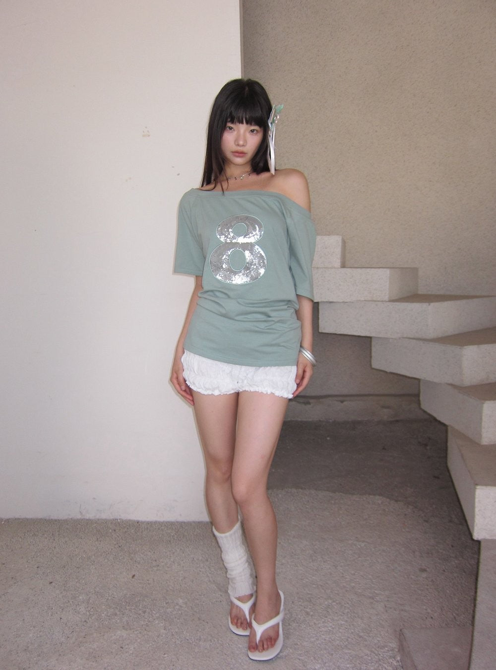 Mint Sequin Off Shoulder Top