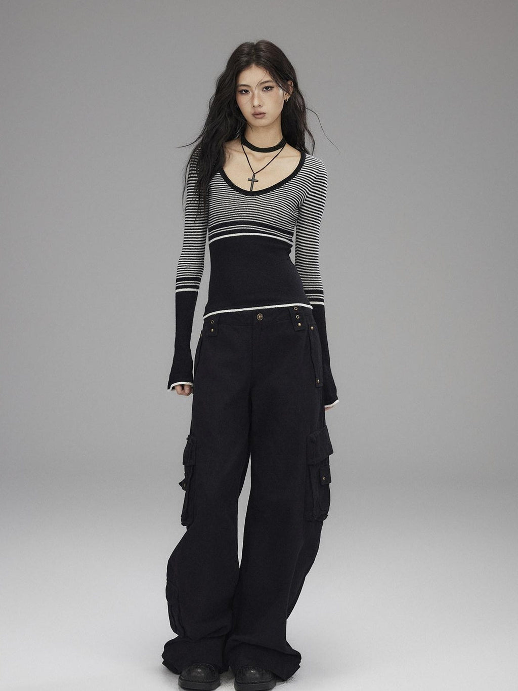 Soft Acrylic Slim V-neck Striped Casual Women Everyday Long Sleeve T-Shirts