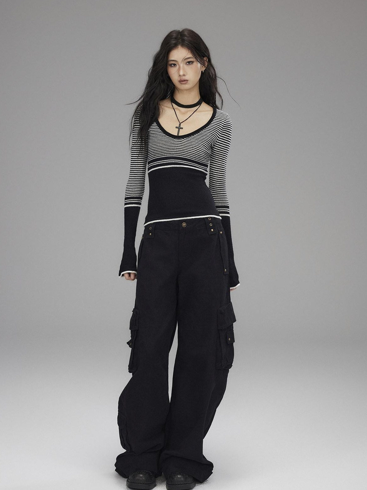 Soft Acrylic Slim V-neck Striped Casual Women Everyday Long Sleeve T-Shirts