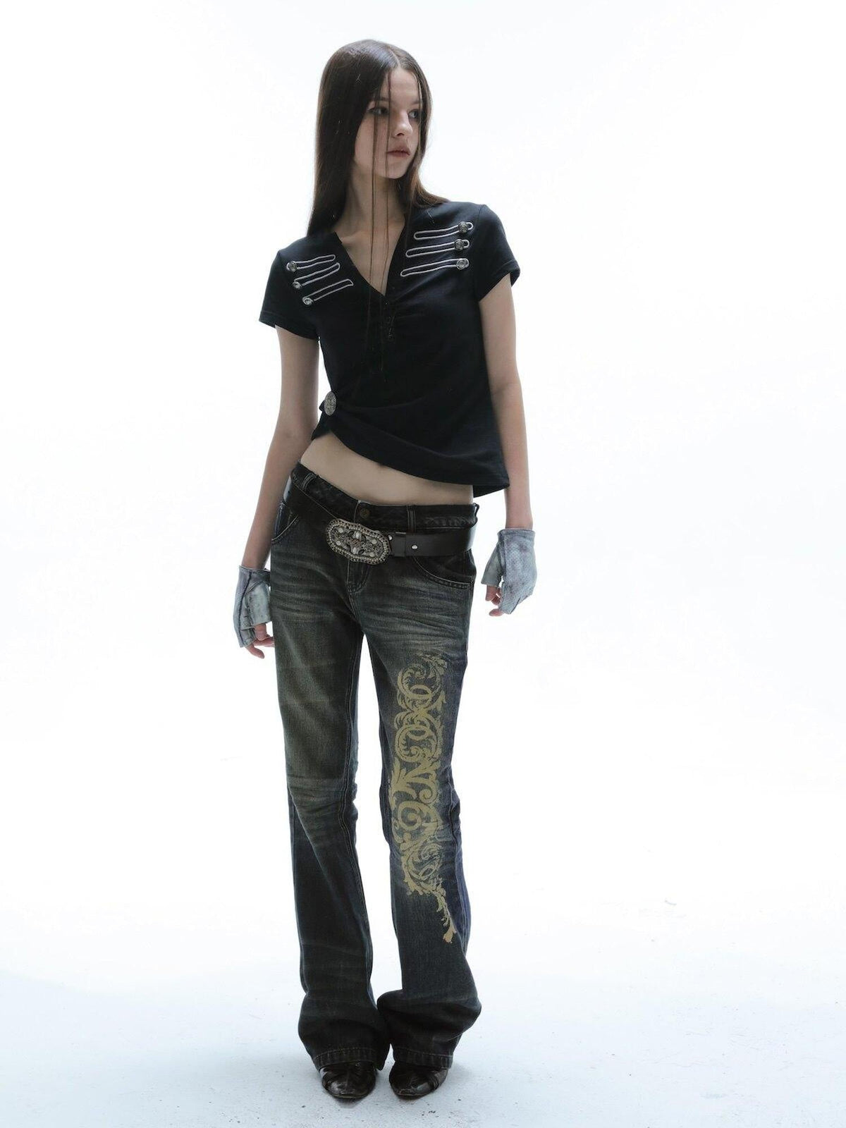 Baroque Print Distressed Micro Flare Women'S Cotton Low-Rise Jeans