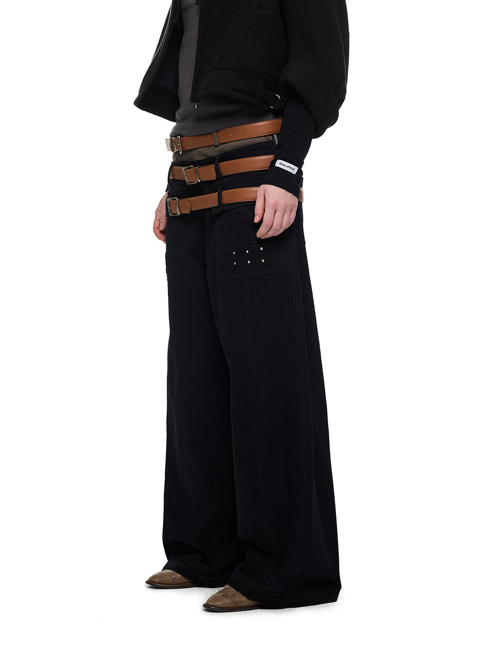 Triple Waist Belt Studded Wide Pants