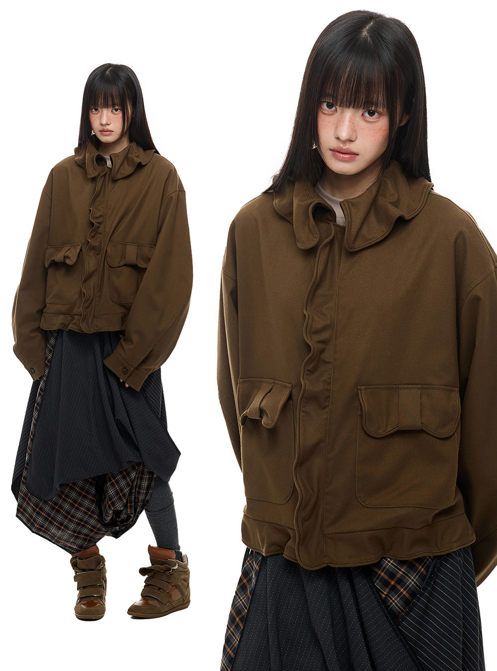 Brown Ruffle Pocket Jacket