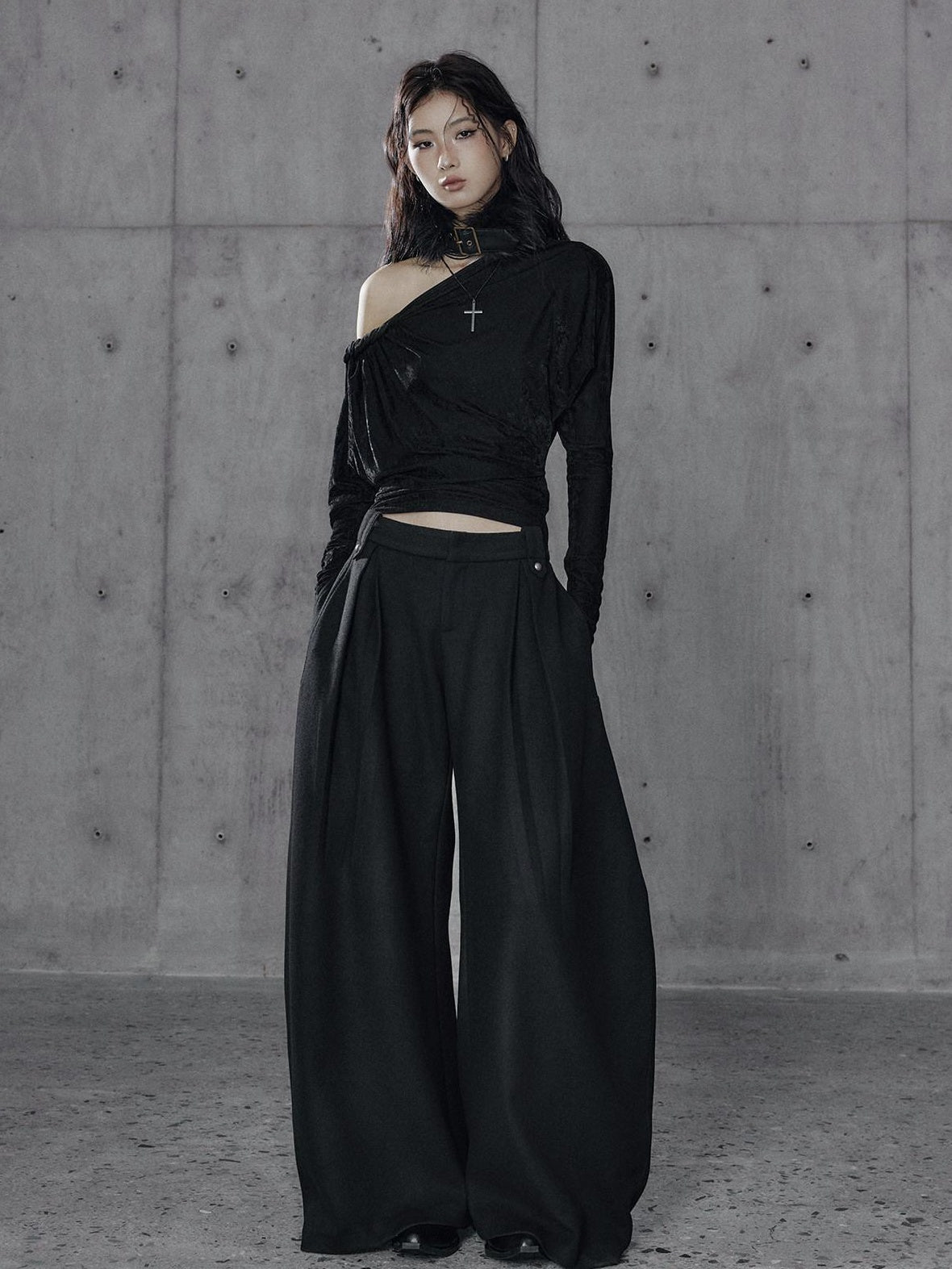 Vintage Waist Long Sleeve Slant Neck Black Knit Women Off Shoulder Crop Tops