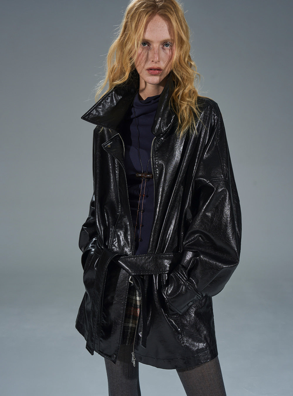 Glossy Black Belted Long Leather Coat