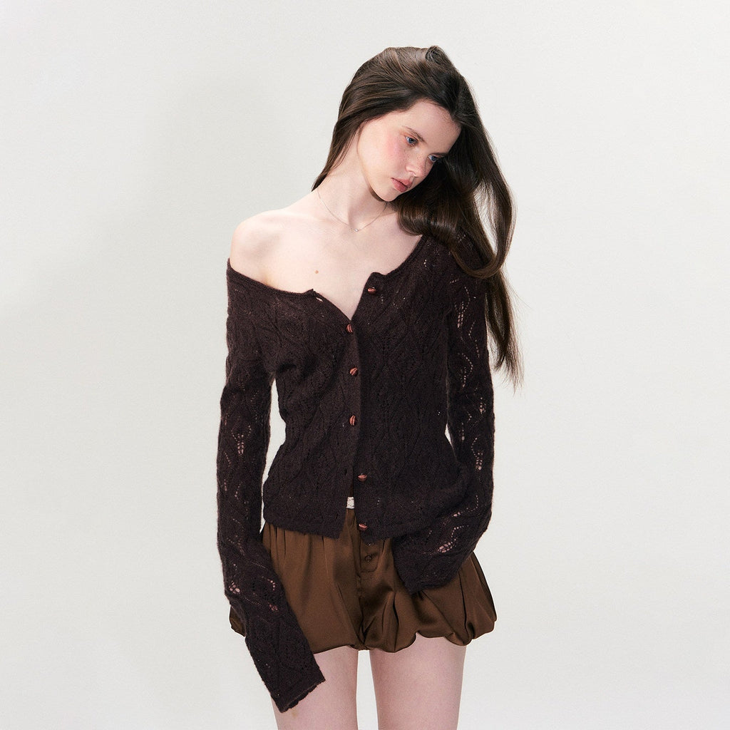 Alpaca Mohair Lightweight Diamond Cropped Button Front Women Knit Cardigans