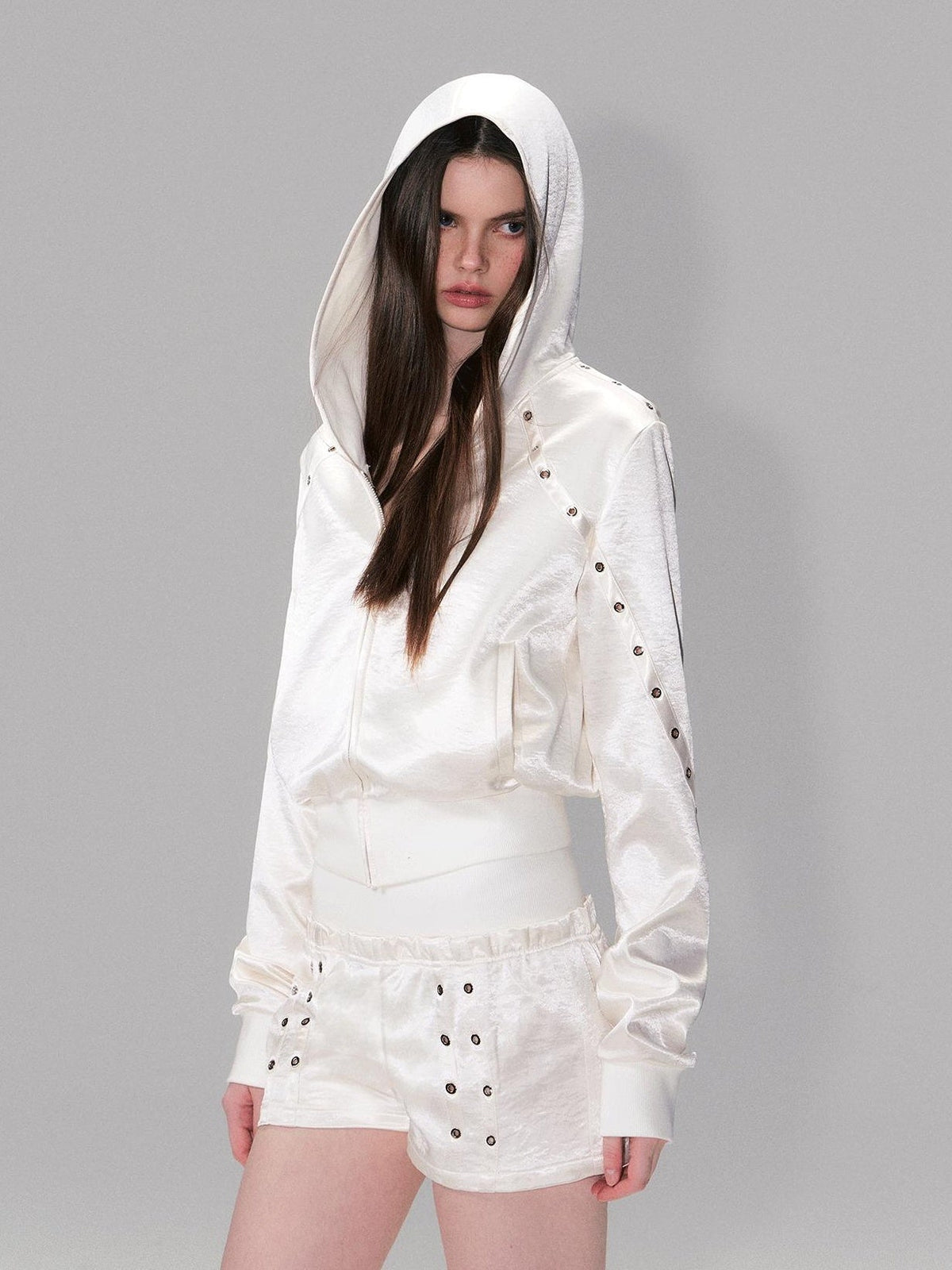 Cozy Cropped Two Piece Set Long Sleeve High Waist Shorts Women Solid Hoodie