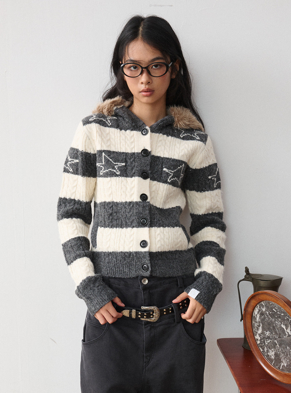 Star Pattern Striped Fur Hooded Cardigan