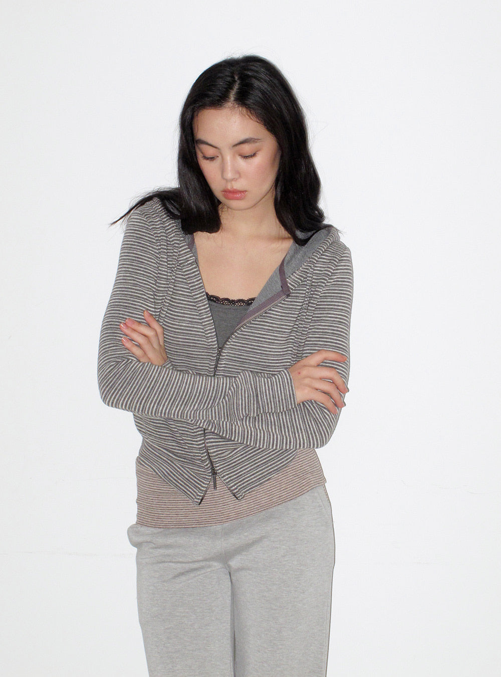 Basic Cropped Striped Hooded Jacket (2color)