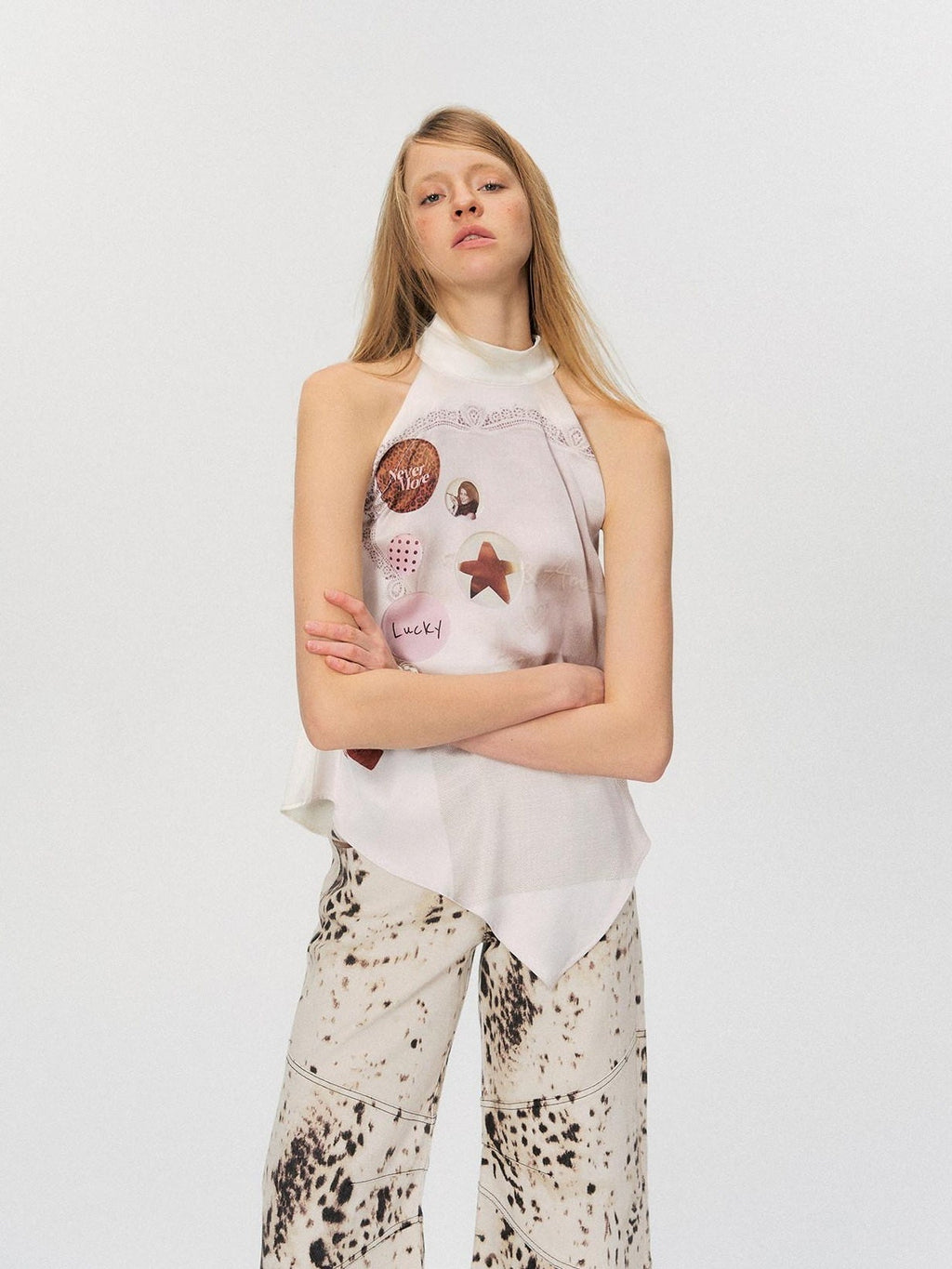 Silky Polyester Loose Mid Length Mock Neck Halter Women Satin Look Camisoles
