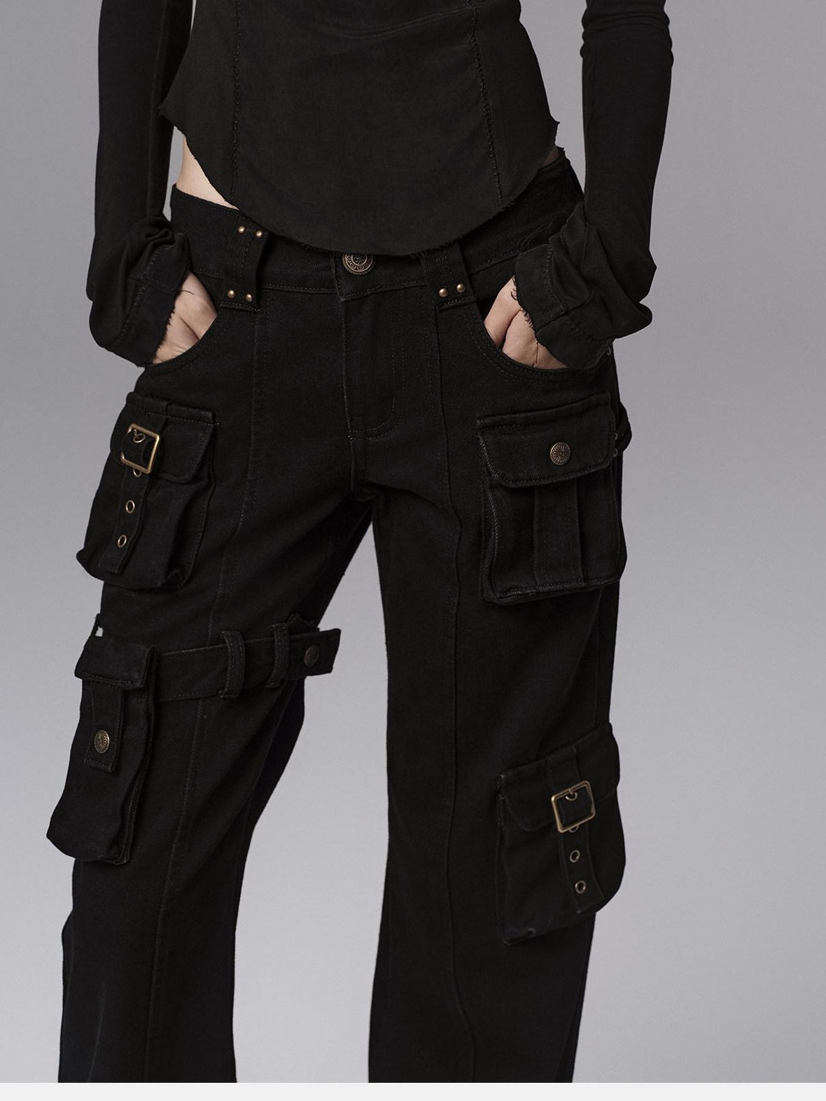 Dark Gothic Flared Mid Rise Pocketed Cotton Zip Fly Women Black Cargo Pants