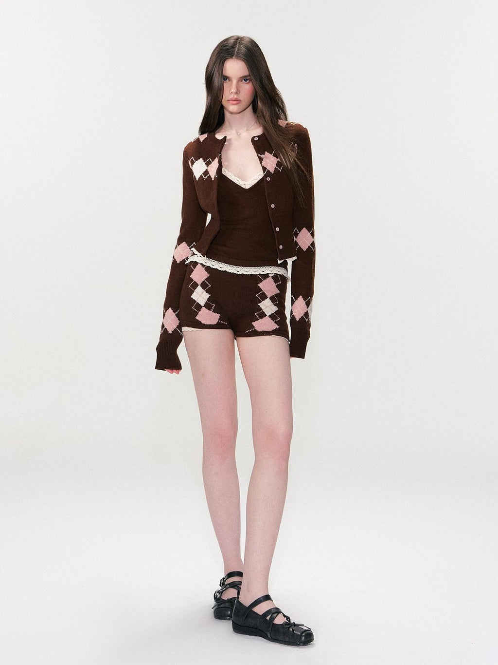 Cashmere Blend Sexy Argyle Button Cardigan Shorts Women Top & Shorts Sets